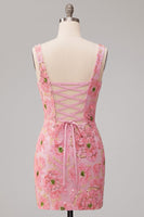 Laden Sie das Bild in den Galerie-Viewer, Rosa Bodycon Quadrathals Blumen Kurzes Abendkleid mit Applikationen