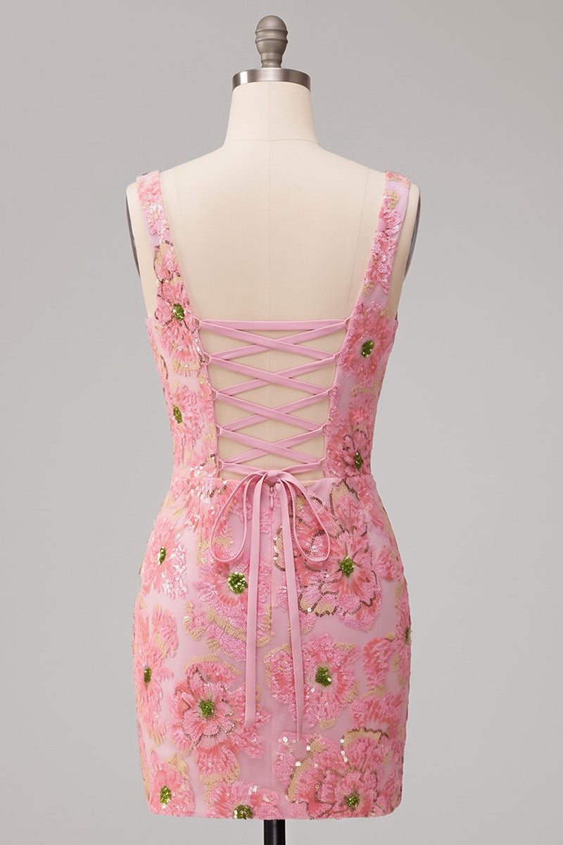Laden Sie das Bild in den Galerie-Viewer, Rosa Bodycon Quadrathals Blumen Kurzes Abendkleid mit Applikationen