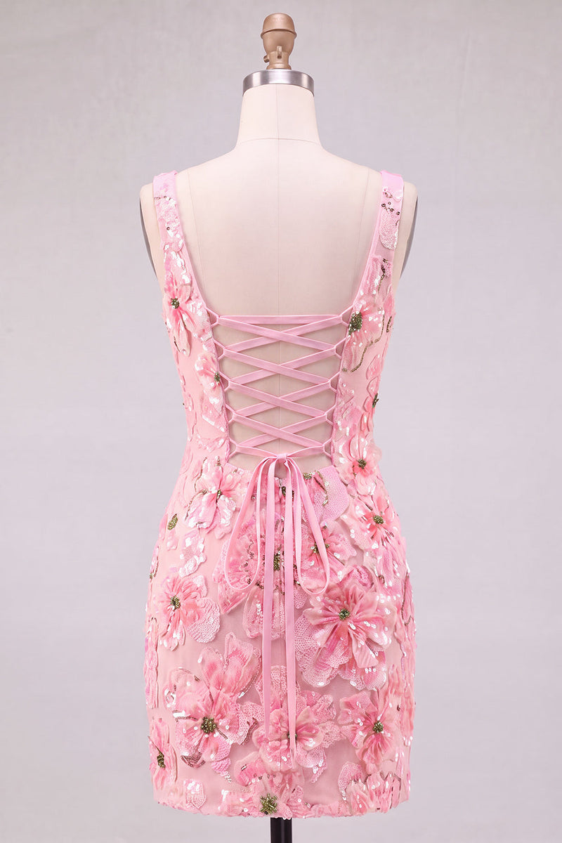 Laden Sie das Bild in den Galerie-Viewer, Rosa Bodycon Quadrathals Blumen Kurzes Abendkleid mit Applikationen