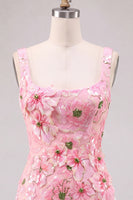 Laden Sie das Bild in den Galerie-Viewer, Rosa Bodycon Quadrathals Blumen Kurzes Abendkleid mit Applikationen