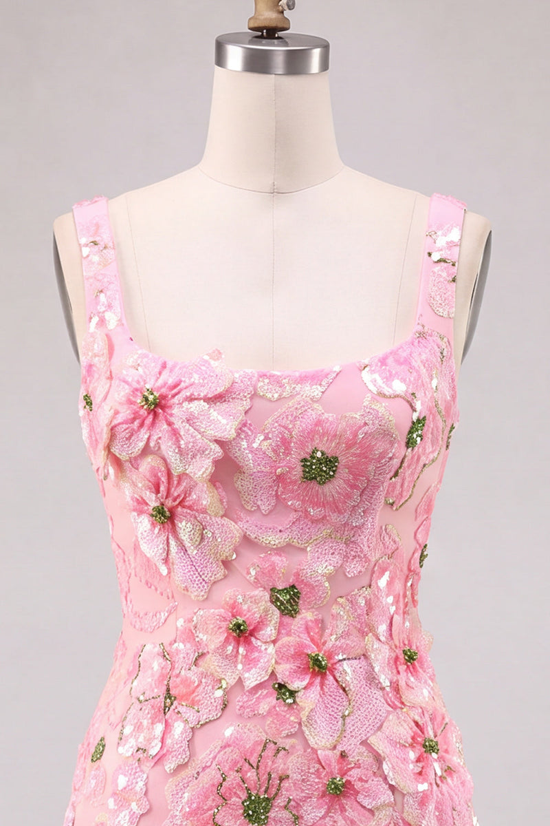 Laden Sie das Bild in den Galerie-Viewer, Rosa Bodycon Quadrathals Blumen Kurzes Abendkleid mit Applikationen