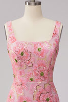 Laden Sie das Bild in den Galerie-Viewer, Rosa Bodycon Quadrathals Blumen Kurzes Abendkleid mit Applikationen