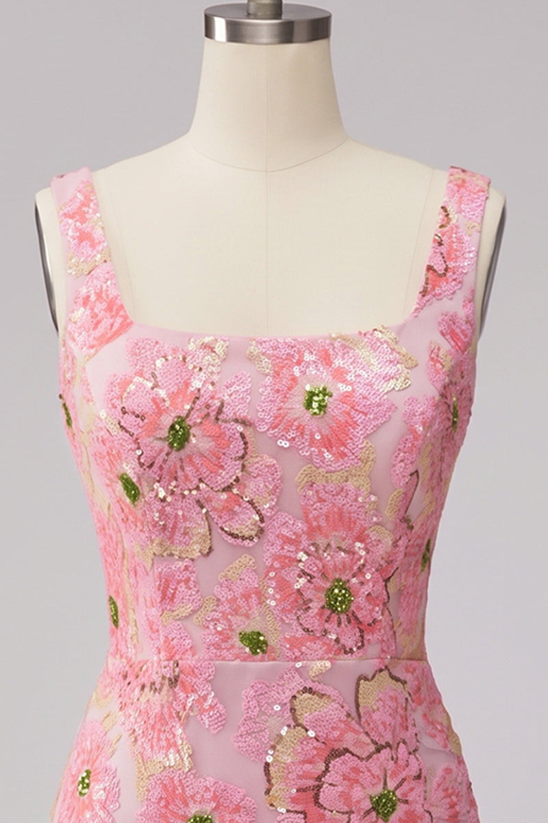 Laden Sie das Bild in den Galerie-Viewer, Rosa Bodycon Quadrathals Blumen Kurzes Abendkleid mit Applikationen
