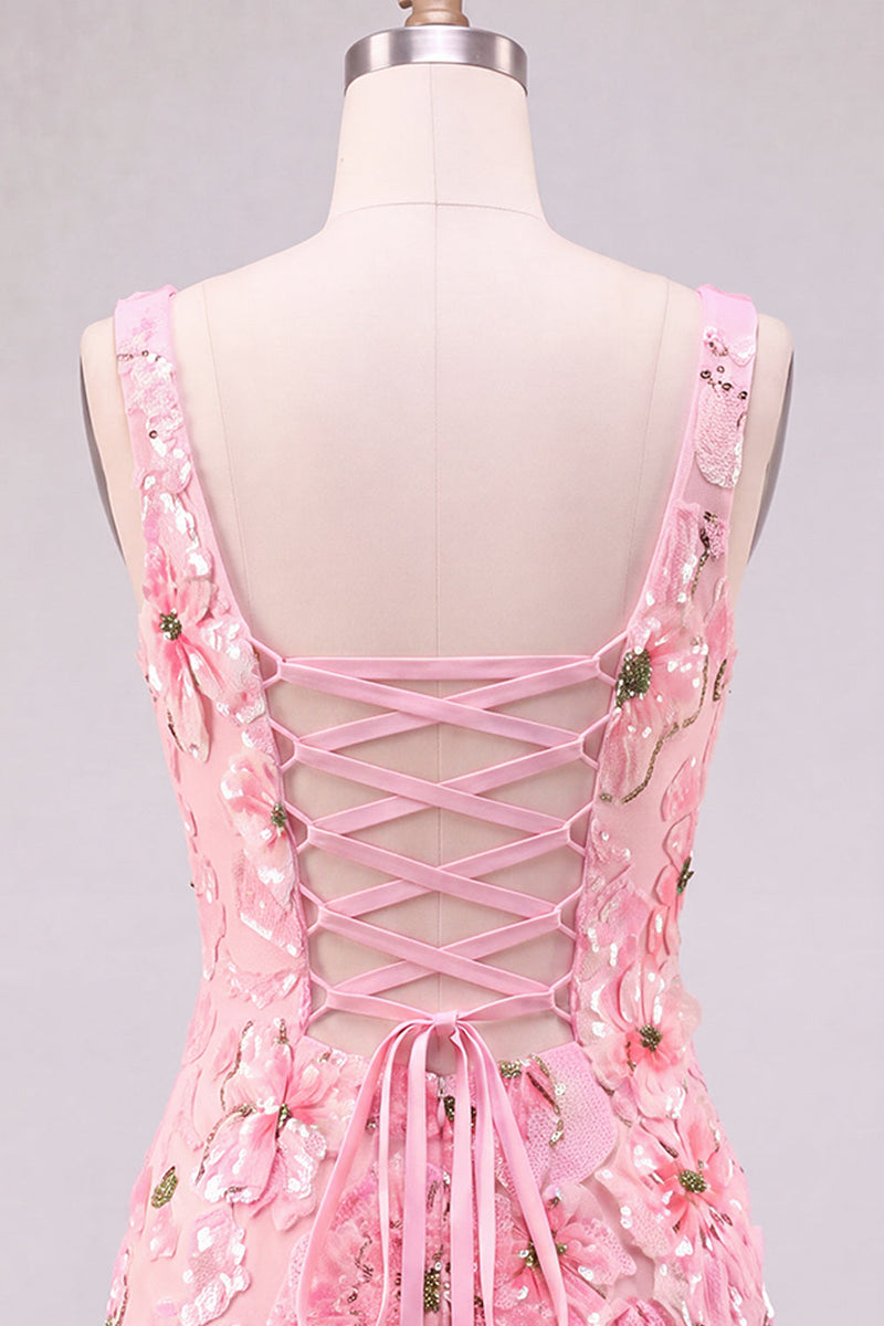 Laden Sie das Bild in den Galerie-Viewer, Rosa Bodycon Quadrathals Blumen Kurzes Abendkleid mit Applikationen