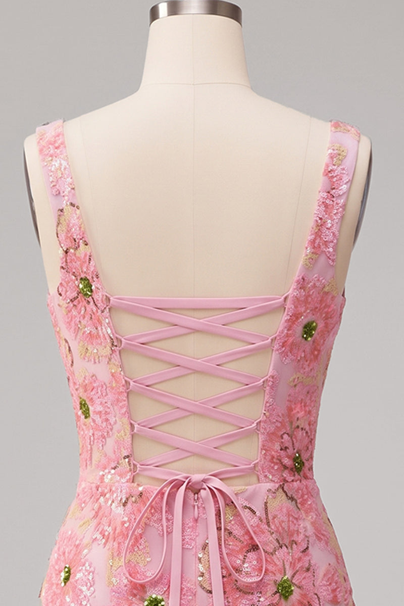 Laden Sie das Bild in den Galerie-Viewer, Rosa Bodycon Quadrathals Blumen Kurzes Abendkleid mit Applikationen