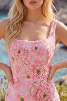 Laden Sie das Bild in den Galerie-Viewer, Rosa Bodycon Quadrathals Blumen Kurzes Abendkleid mit Applikationen
