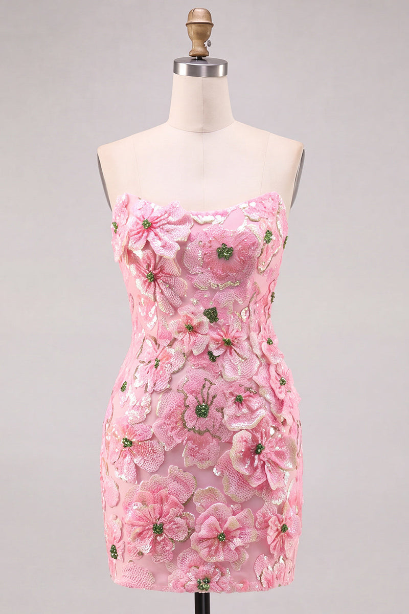 Laden Sie das Bild in den Galerie-Viewer, Rosa Bodycon Trägerloses Florales Kurzes Abendkleid