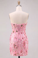 Laden Sie das Bild in den Galerie-Viewer, Rosa Bodycon Trägerloses Florales Kurzes Abendkleid