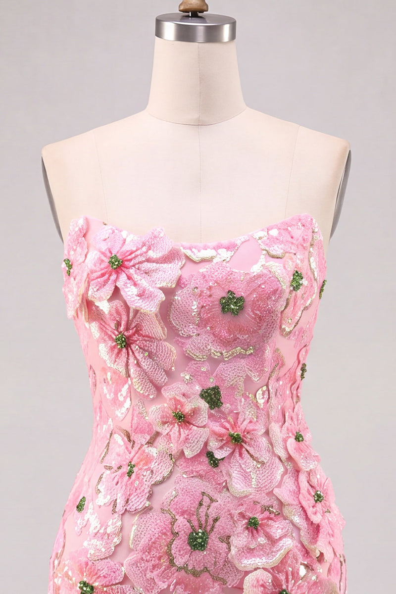 Laden Sie das Bild in den Galerie-Viewer, Rosa Bodycon Trägerloses Florales Kurzes Abendkleid