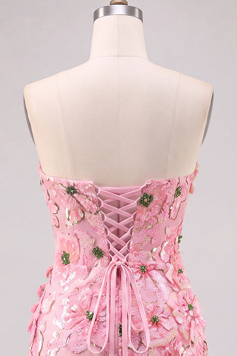 Laden Sie das Bild in den Galerie-Viewer, Rosa Bodycon Trägerloses Florales Kurzes Abendkleid