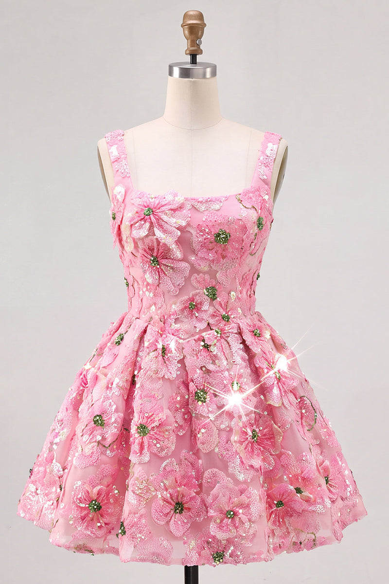 Laden Sie das Bild in den Galerie-Viewer, Rosa A-Linie Quadrathals Geblümtes Kurzes Abendkleid mit Pailletten