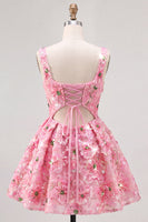 Laden Sie das Bild in den Galerie-Viewer, Rosa A-Linie Quadrathals Geblümtes Kurzes Abendkleid mit Pailletten