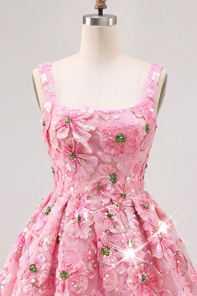 Laden Sie das Bild in den Galerie-Viewer, Rosa A-Linie Quadrathals Geblümtes Kurzes Abendkleid mit Pailletten