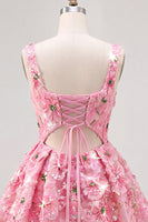 Laden Sie das Bild in den Galerie-Viewer, Rosa A-Linie Quadrathals Geblümtes Kurzes Abendkleid mit Pailletten