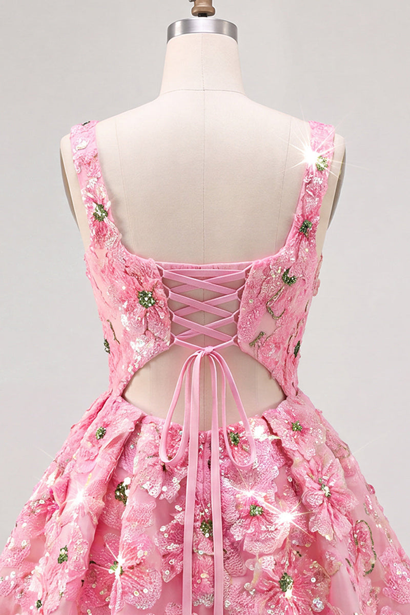 Laden Sie das Bild in den Galerie-Viewer, Rosa A-Linie Quadrathals Geblümtes Kurzes Abendkleid mit Pailletten