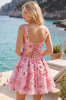 Laden Sie das Bild in den Galerie-Viewer, Rosa A-Linie Quadrathals Geblümtes Kurzes Abendkleid mit Pailletten