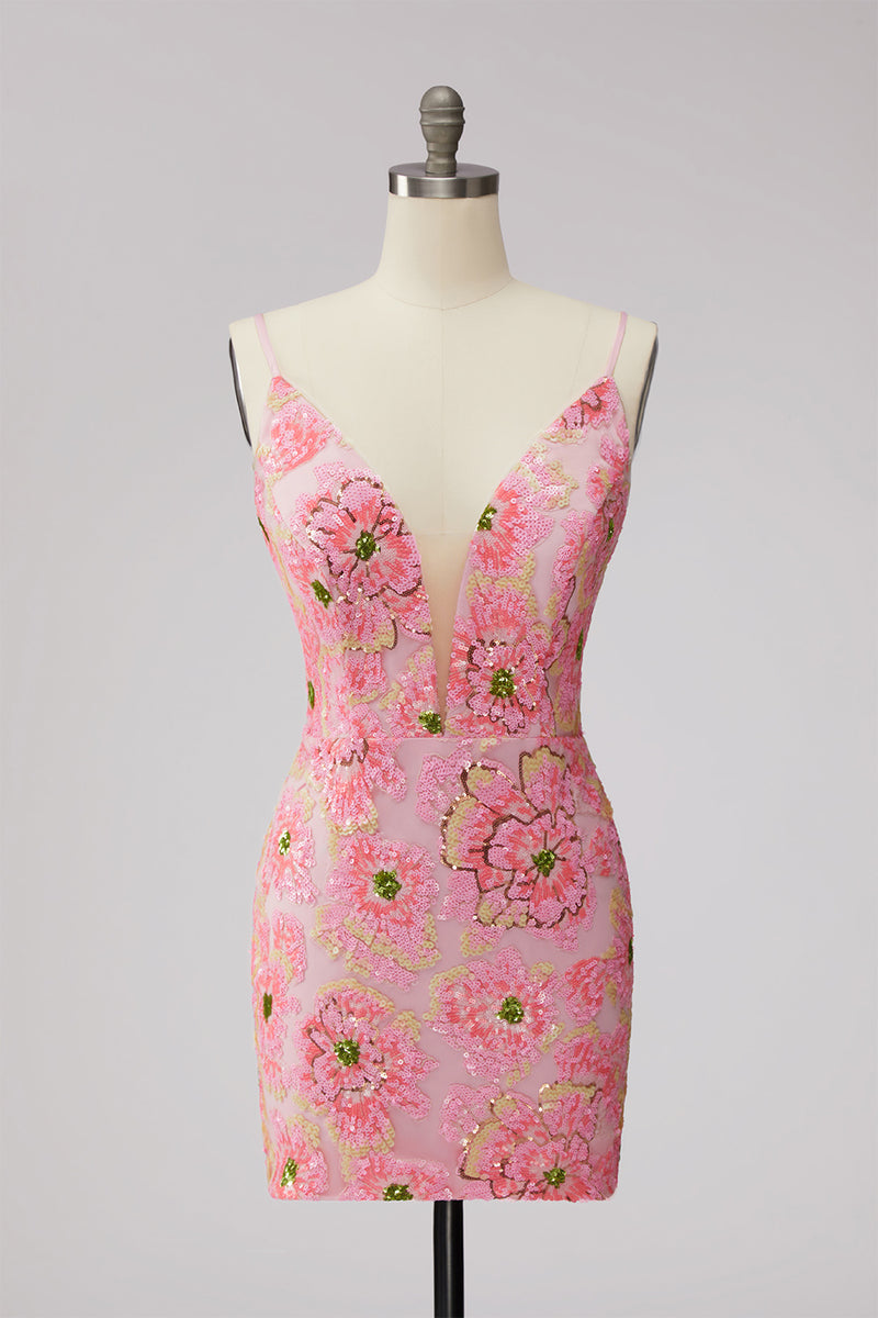 Laden Sie das Bild in den Galerie-Viewer, Rosa V-Ausschnitt Geblümtes Kurzes Enges Kurzes Abendkleid mit Schnürung hinten