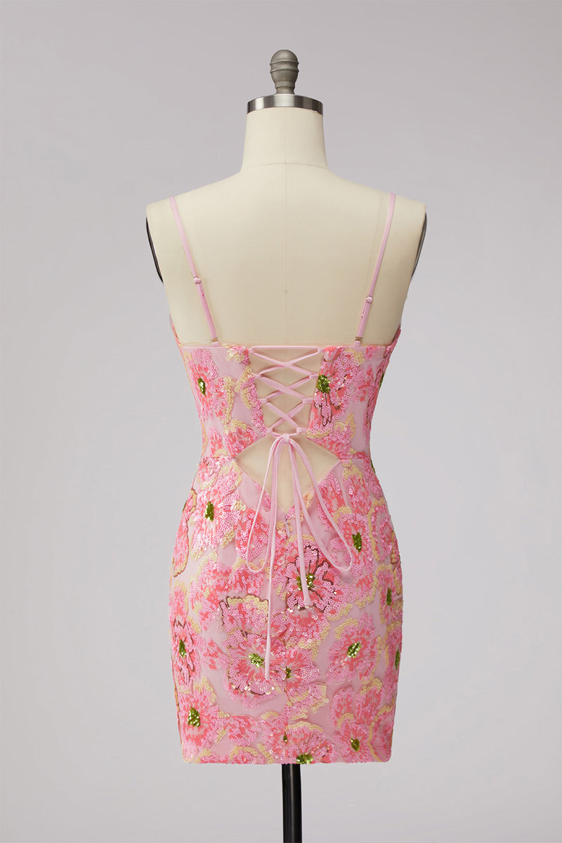 Laden Sie das Bild in den Galerie-Viewer, Rosa V-Ausschnitt Geblümtes Kurzes Enges Kurzes Abendkleid mit Schnürung hinten