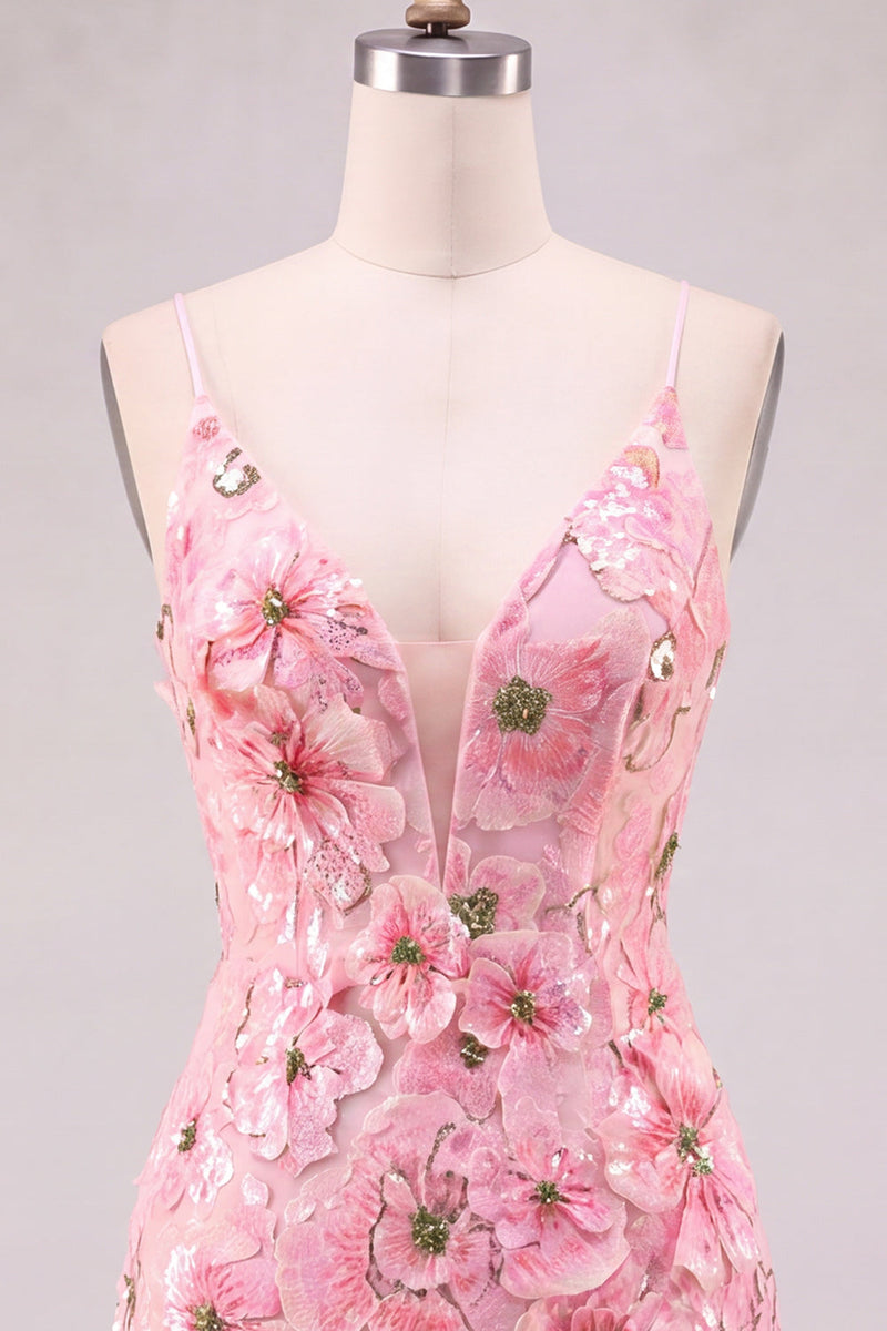 Laden Sie das Bild in den Galerie-Viewer, Rosa V-Ausschnitt Geblümtes Kurzes Enges Kurzes Abendkleid mit Schnürung hinten