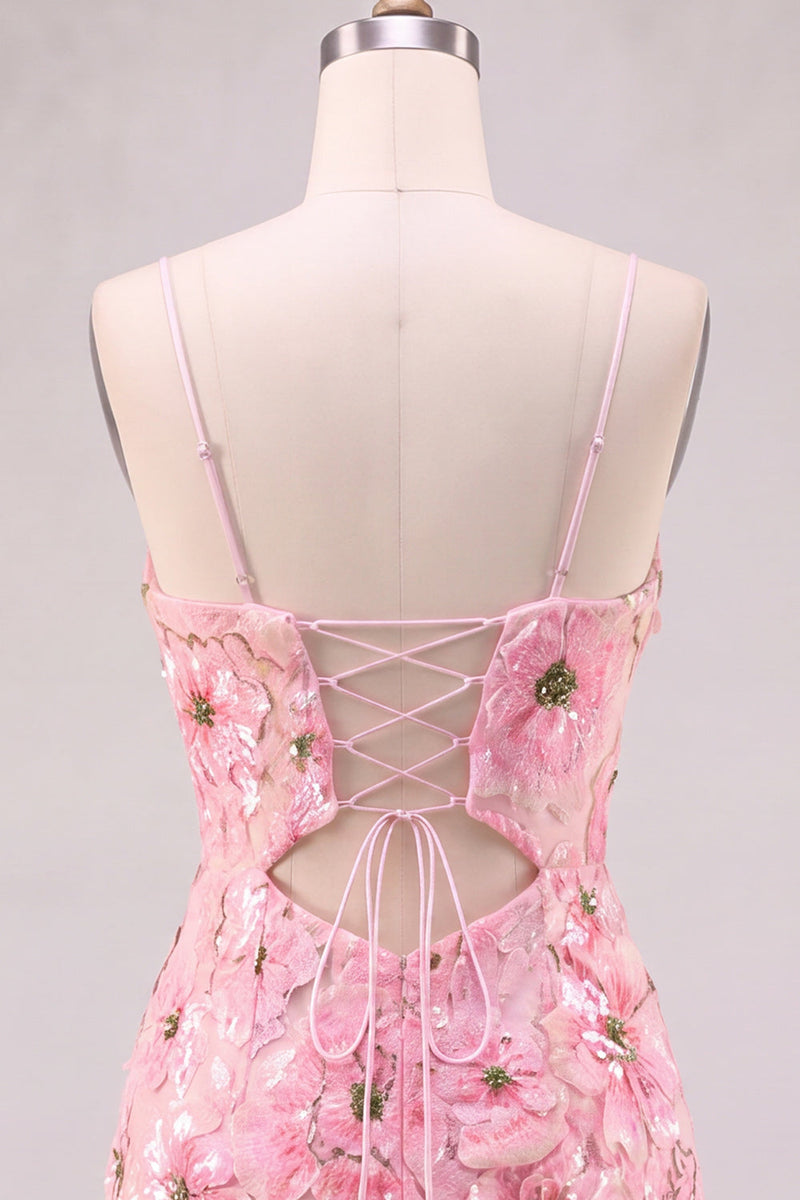 Laden Sie das Bild in den Galerie-Viewer, Rosa V-Ausschnitt Geblümtes Kurzes Enges Kurzes Abendkleid mit Schnürung hinten