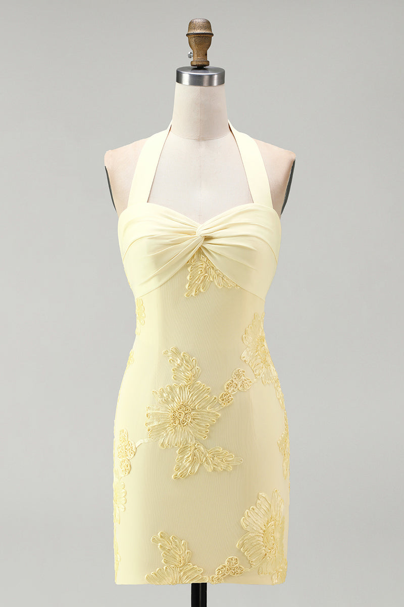 Laden Sie das Bild in den Galerie-Viewer, Narzissen Enges Gerafftes Kurzes Abendkleid mit Blumenstickerei