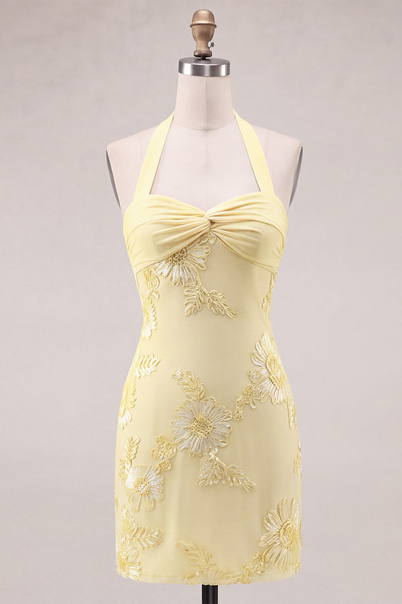 Laden Sie das Bild in den Galerie-Viewer, Narzissen enges, gerafftes kurzes Homecoming-Kleid mit Blumenstickerei