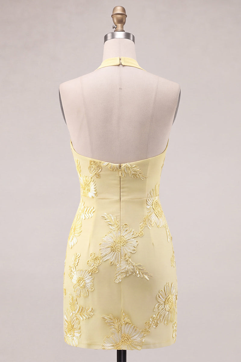 Laden Sie das Bild in den Galerie-Viewer, Narzissen enges, gerafftes kurzes Homecoming-Kleid mit Blumenstickerei