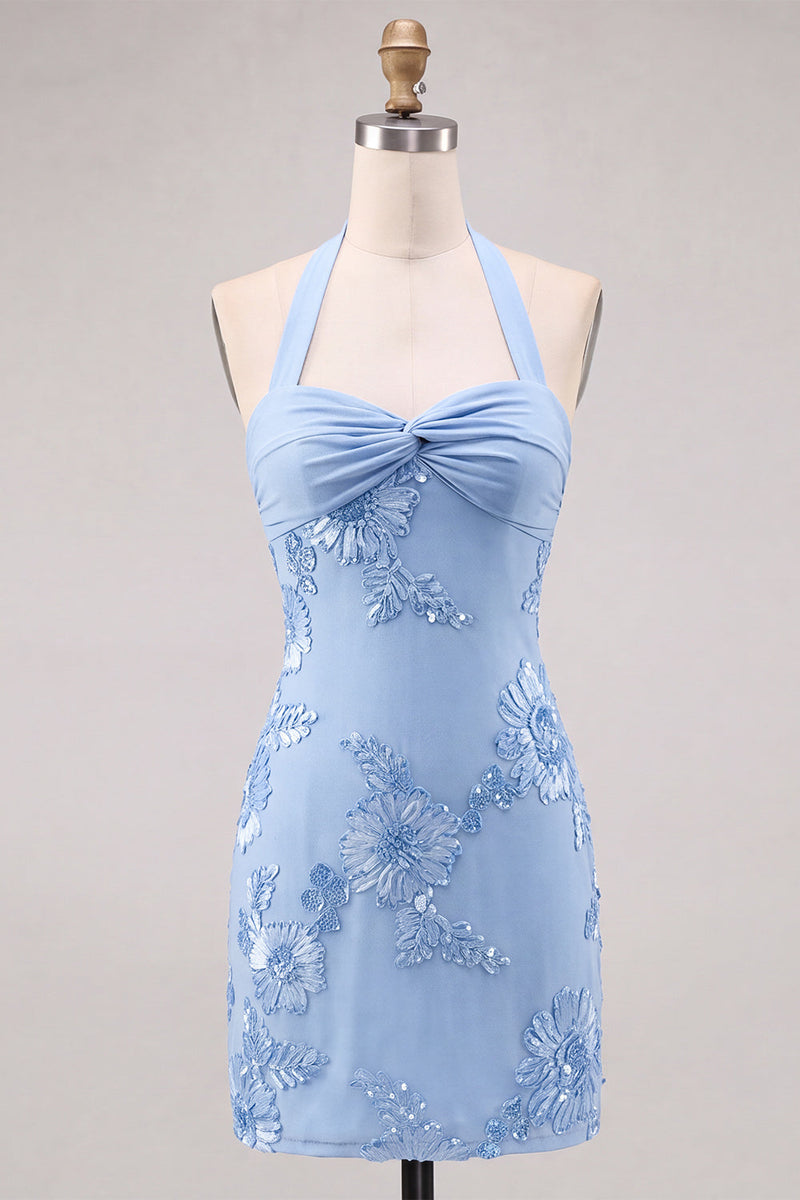 Laden Sie das Bild in den Galerie-Viewer, Narzissen enges, gerafftes kurzes Homecoming-Kleid mit Blumenstickerei