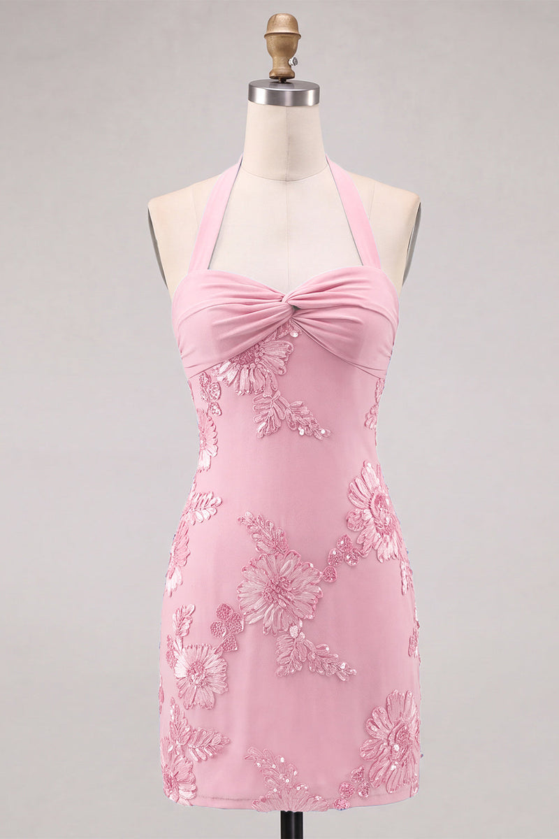 Laden Sie das Bild in den Galerie-Viewer, Narzissen enges, gerafftes kurzes Homecoming-Kleid mit Blumenstickerei