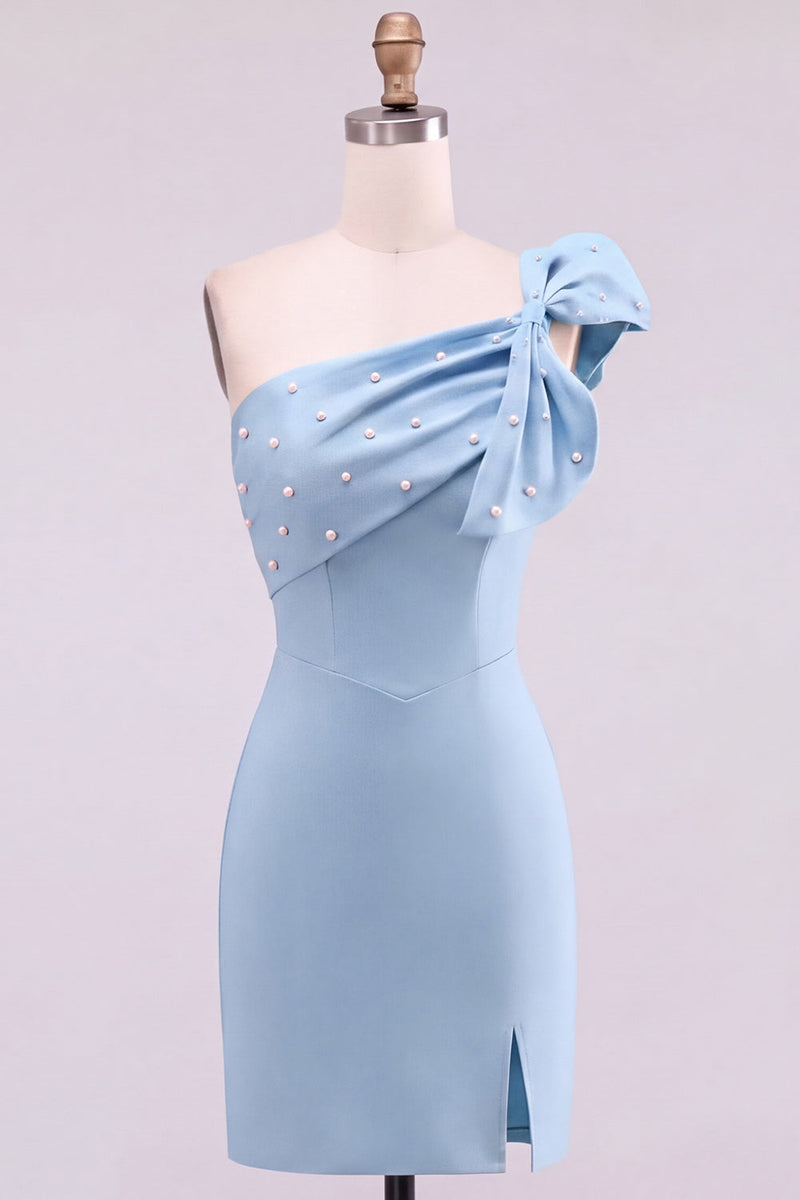 Laden Sie das Bild in den Galerie-Viewer, Gelbes Bodycon-Einschulter-Perlenbesetztes kurzes Homecoming-Kleid mit Schleifendetail