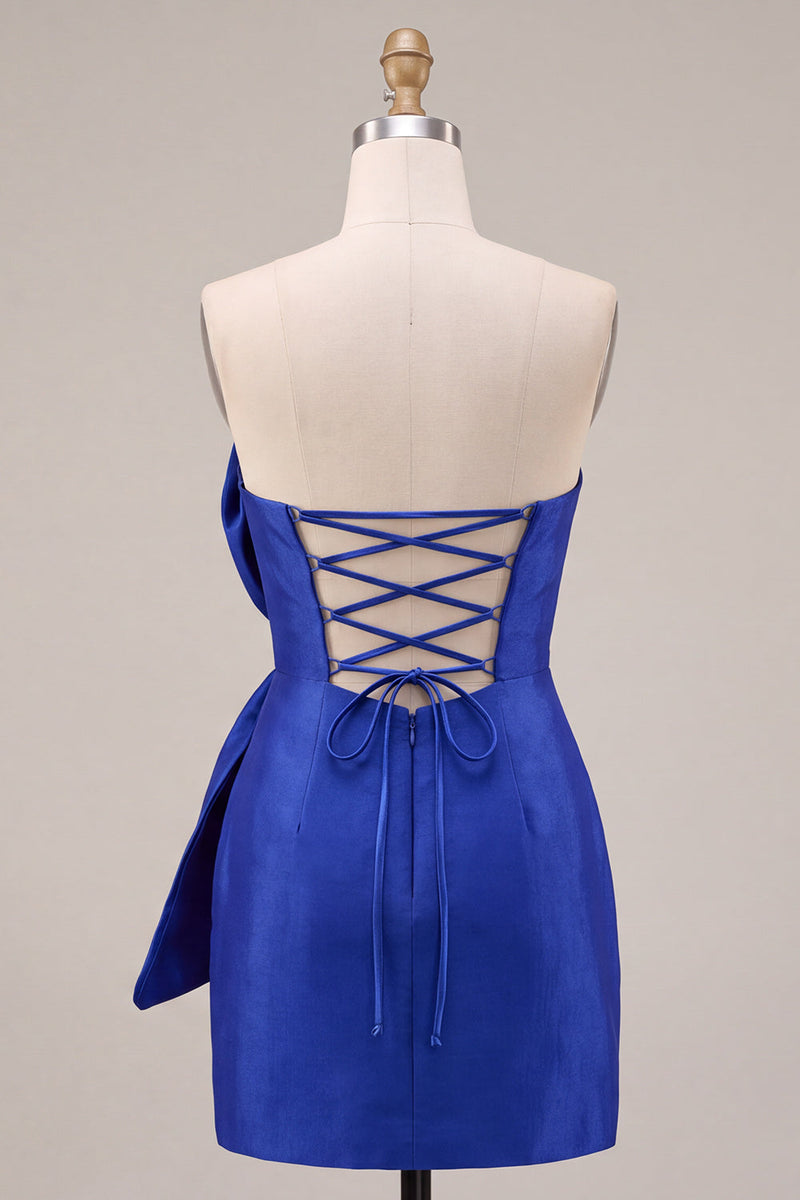 Laden Sie das Bild in den Galerie-Viewer, Königsblaues Bodycon trägerloses kurzes Homecoming-Kleid mit übergroßer Schleife vorne