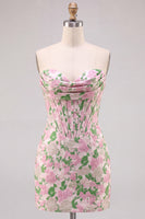 Laden Sie das Bild in den Galerie-Viewer, Blumenrosa trägerloses Jacquard Bodycon Korsett Mini Homecoming-Kleid