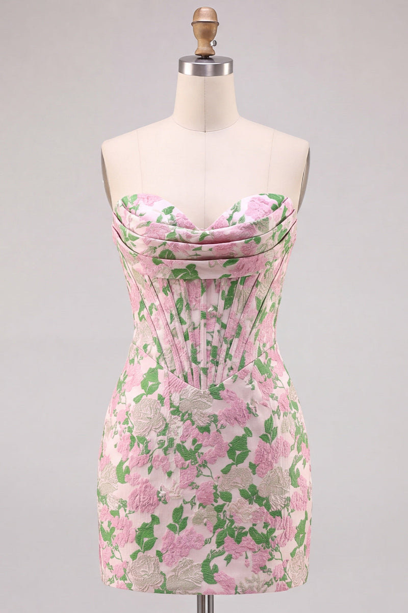 Laden Sie das Bild in den Galerie-Viewer, Blumenrosa trägerloses Jacquard Bodycon Korsett Mini Homecoming-Kleid