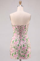Laden Sie das Bild in den Galerie-Viewer, Blumenrosa trägerloses Jacquard Bodycon Korsett Mini Homecoming-Kleid