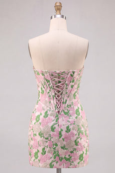 Rosa Blumen Trägerloses Jacquard Bodycon Korsett Kurzes Abendkleid