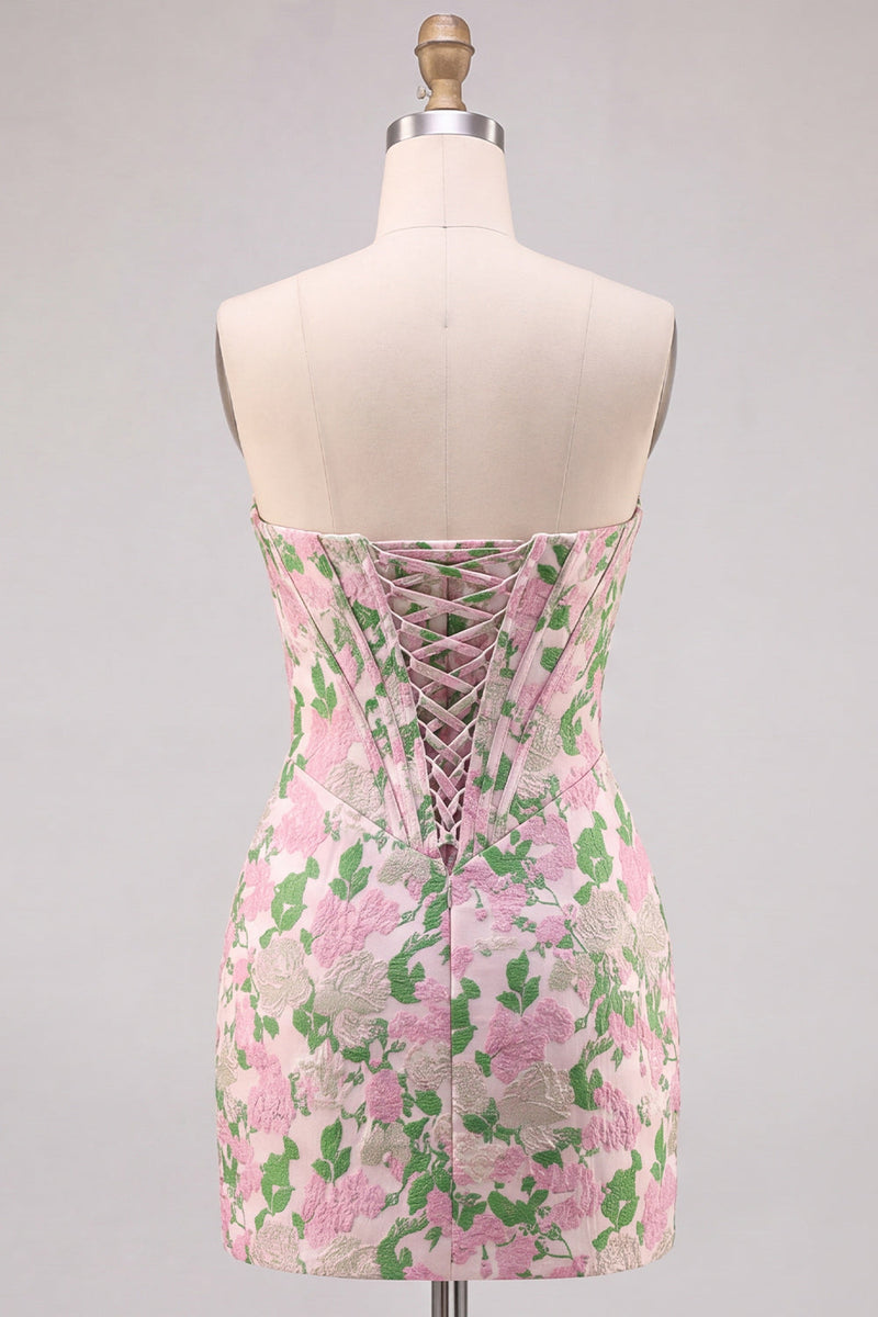 Laden Sie das Bild in den Galerie-Viewer, Blumenrosa trägerloses Jacquard Bodycon Korsett Mini Homecoming-Kleid