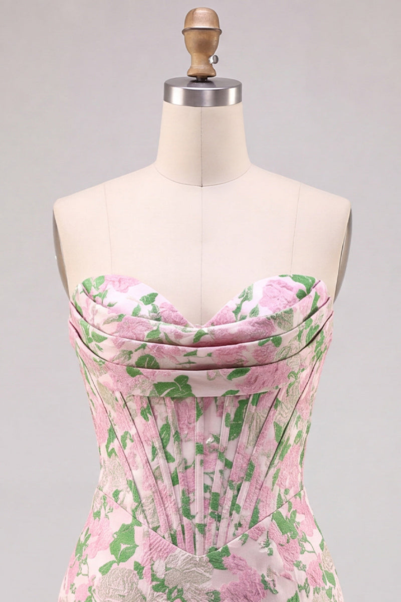 Laden Sie das Bild in den Galerie-Viewer, Blumenrosa trägerloses Jacquard Bodycon Korsett Mini Homecoming-Kleid