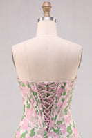 Laden Sie das Bild in den Galerie-Viewer, Blumenrosa trägerloses Jacquard Bodycon Korsett Mini Homecoming-Kleid