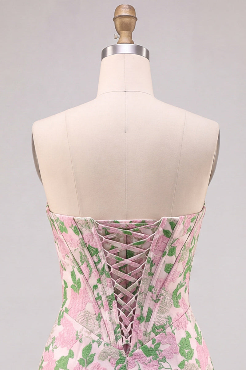 Laden Sie das Bild in den Galerie-Viewer, Blumenrosa trägerloses Jacquard Bodycon Korsett Mini Homecoming-Kleid