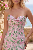 Laden Sie das Bild in den Galerie-Viewer, Blumenrosa trägerloses Jacquard Bodycon Korsett Mini Homecoming-Kleid