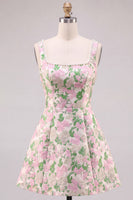 Laden Sie das Bild in den Galerie-Viewer, A-Line Floral Brokat-Perlenträger Kurzes Homecoming-Kleid mit großer Rückenschleife