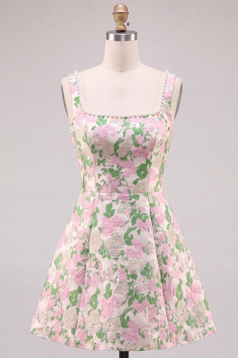 Laden Sie das Bild in den Galerie-Viewer, A-Line Floral Brokat-Perlenträger Kurzes Homecoming-Kleid mit großer Rückenschleife
