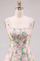 Laden Sie das Bild in den Galerie-Viewer, A-Line Floral Brokat-Perlenträger Kurzes Homecoming-Kleid mit großer Rückenschleife