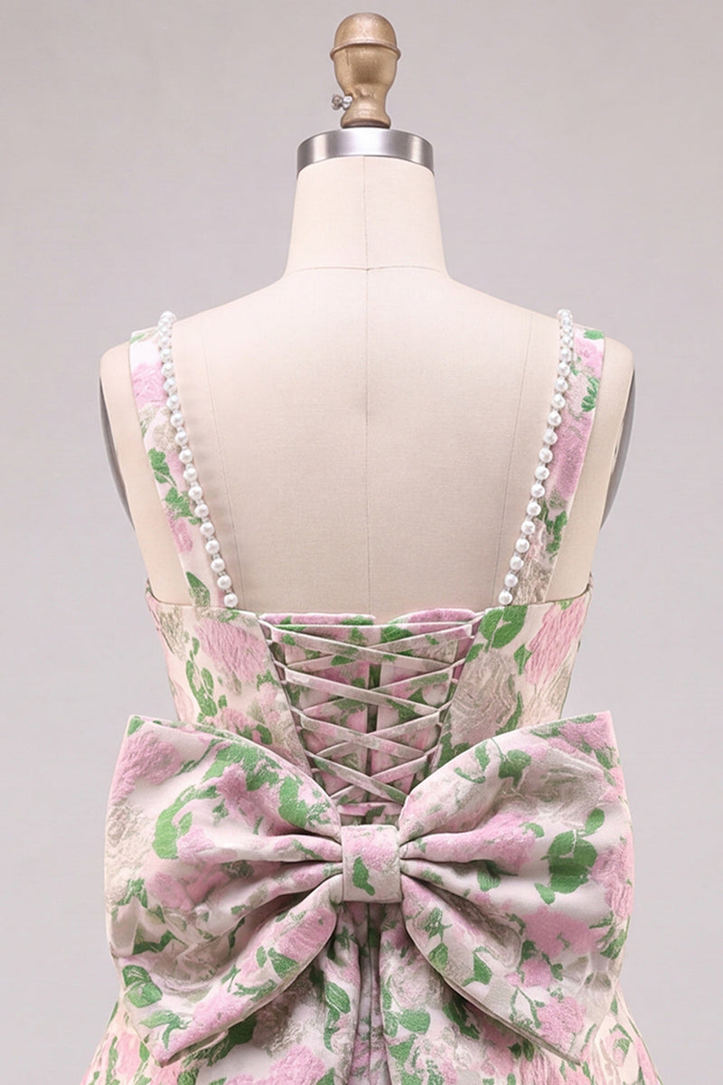 Laden Sie das Bild in den Galerie-Viewer, A-Line Floral Brokat-Perlenträger Kurzes Homecoming-Kleid mit großer Rückenschleife