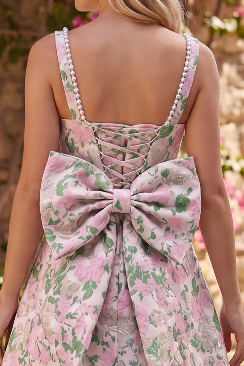 Laden Sie das Bild in den Galerie-Viewer, A-Line Floral Brokat-Perlenträger Kurzes Homecoming-Kleid mit großer Rückenschleife