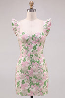 Laden Sie das Bild in den Galerie-Viewer, Blumenrosa Jacquard Flutter Sleeves Bodycon Mini-Homecoming-Kleid