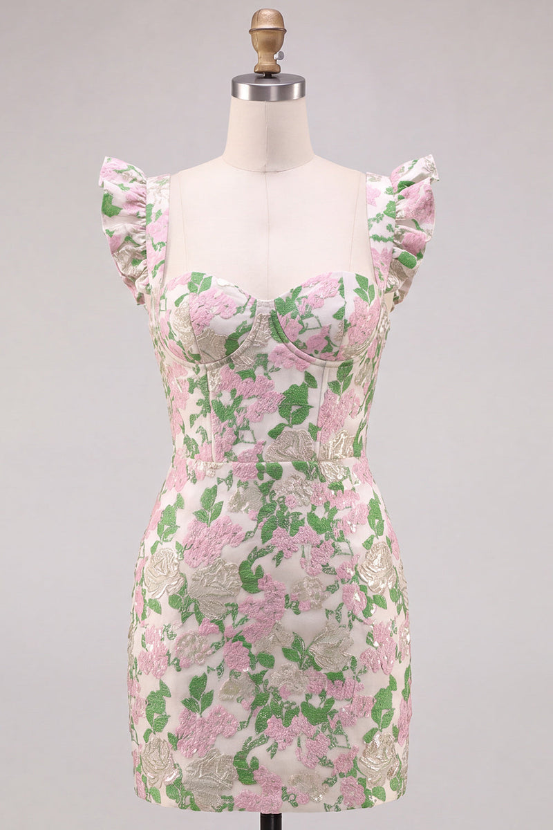 Laden Sie das Bild in den Galerie-Viewer, Blumenrosa Jacquard Flutter Sleeves Bodycon Mini-Homecoming-Kleid