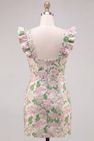 Laden Sie das Bild in den Galerie-Viewer, Blumenrosa Jacquard Flutter Sleeves Bodycon Mini-Homecoming-Kleid