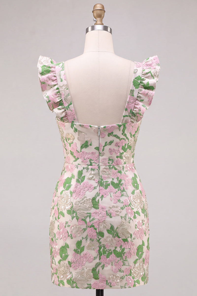 Laden Sie das Bild in den Galerie-Viewer, Blumenrosa Jacquard Flutter Sleeves Bodycon Mini-Homecoming-Kleid