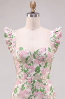 Laden Sie das Bild in den Galerie-Viewer, Blumenrosa Jacquard Flutter Sleeves Bodycon Mini-Homecoming-Kleid
